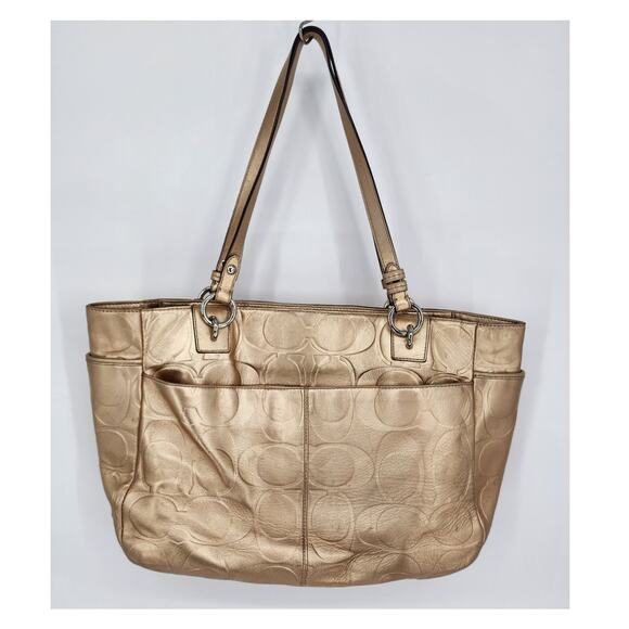 Coach Signature Metallic Gold Leather Tote Bag with Hangtag & Side Pockets - Picture 3 of 16